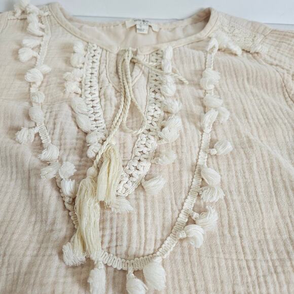 UMGEE Cream Small Boho Peasant Tunic Embroidered Tassel Oversized - Picture 2 of 7